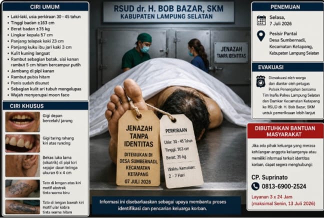 RSUD Bob Bazar Rilis Ciri-Ciri Jenazah Tanpa Identitas di Pesisir Ketapang, Warga Diminta Sebarkan Informasi Ini